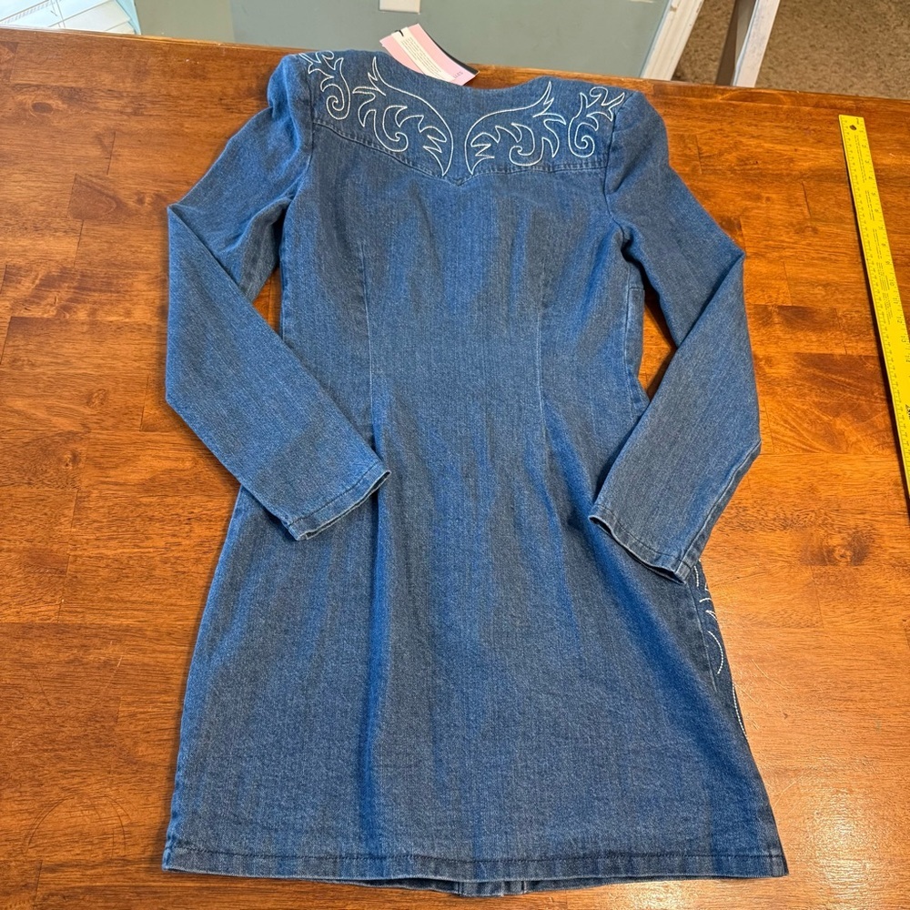 NWT Avec Les Filles Blue Denim Dress Embroidered sz 2 rodeo western long sleeve - Picture 12 of 13